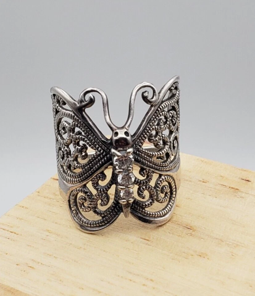 Anillo vintage Charles Winston plata esterlina filigrana mariposa circonita cúbica talla 8,75 Foto 2 de 4