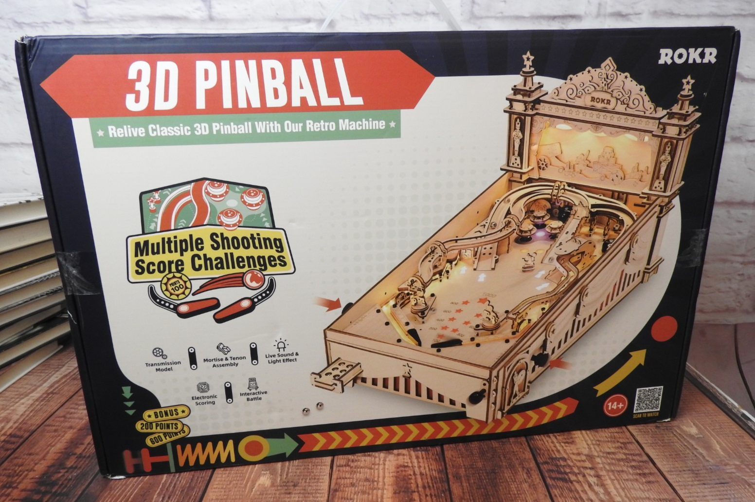 Rokr 3D Pinball Machine Wooden Model Kit mechanical with Lights NEW & SEALED