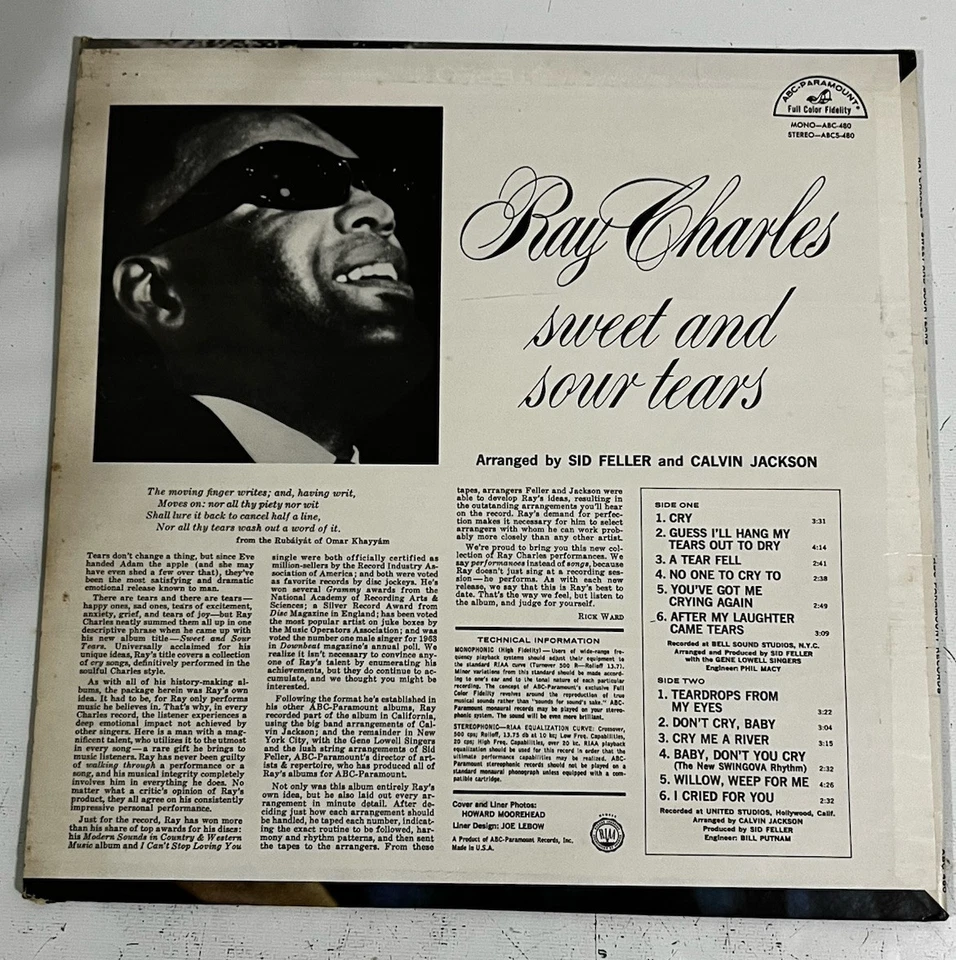 RAY CHARLES Sweet & Sour Tears LP ABC-PARAMOUNT ABC-480 MONO DJ PROMO 1964 Soul - Imagem 2 de 4