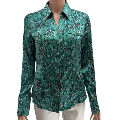  CACHE- WOMEN'S SMALL Green Python Print Silk SNAP Blouse
