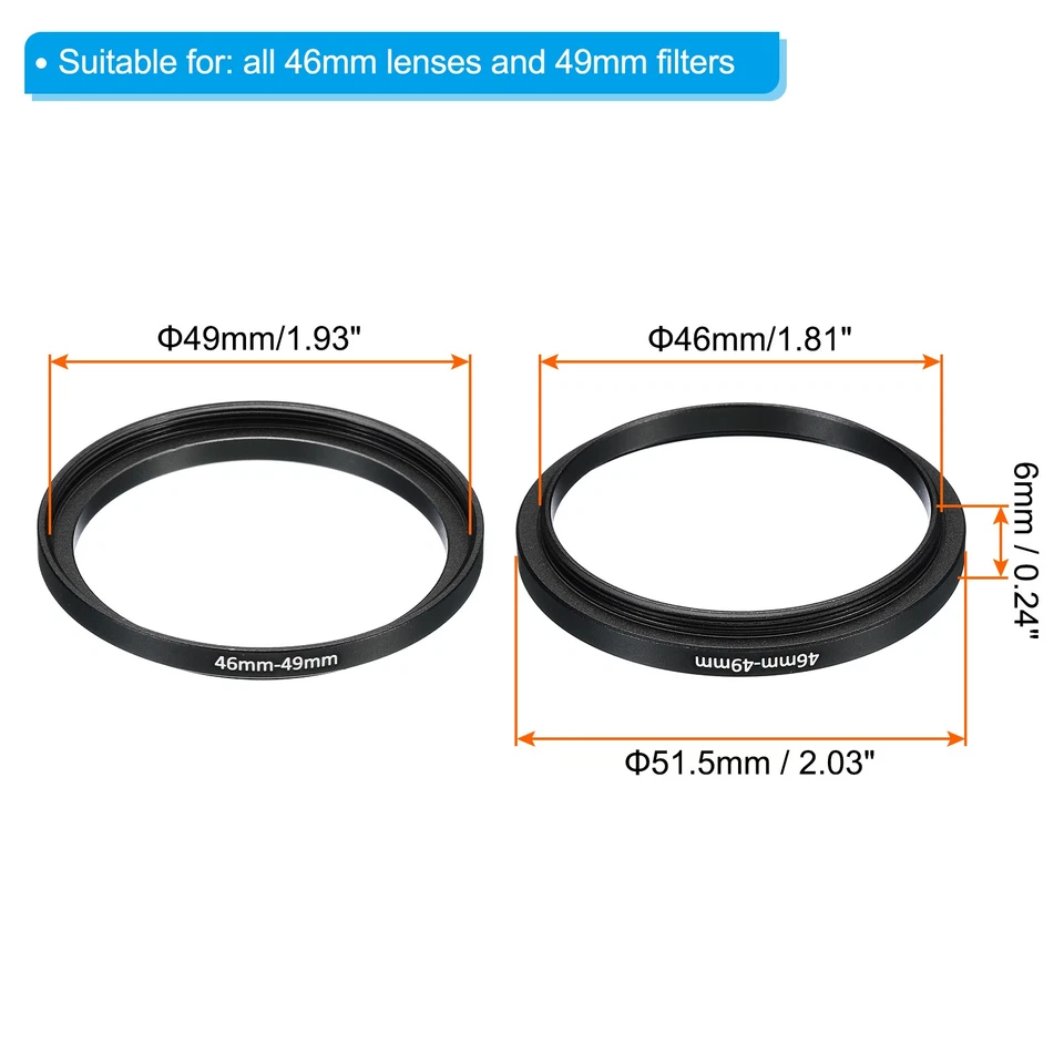2Pack 46mm-49mm Metal Step Up Ring Camera Lens Filter Adapter Ring Black - Image 2 of 4