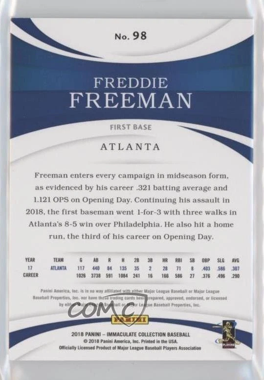 2018 Panini Immaculate Red /25 Freddie Freeman #98 - Image 2 of 2