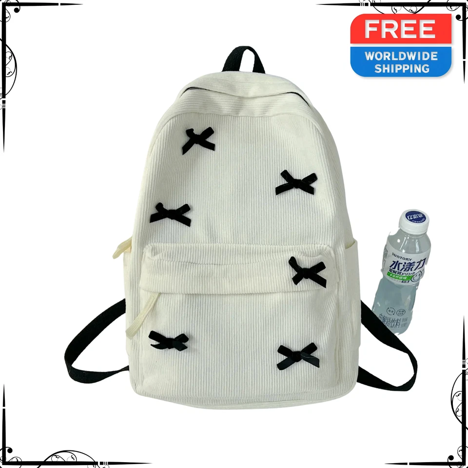 Womens Corduroy School Bag Bowknot Fashion Large Capacity Travel Tote Handbag - Image 3 of 4