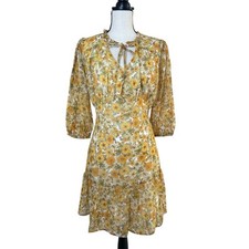 Marissa Olivia Floral Yellow Spring Dress Mesh Puff Sleeve Front Tie Women's S