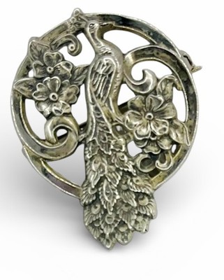 Antique 1920s Peacock Sterling Silver Brooch Signed Art Noveau Deco 3D Artistic
