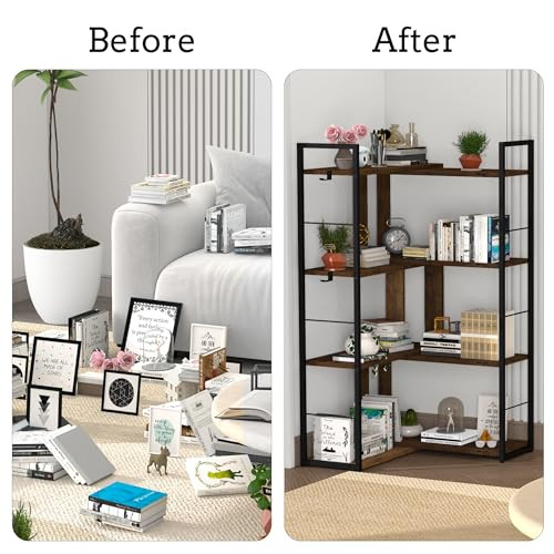 Corner Book Shelf 4 Tier Industrial Bookshelf L Shaped Adjustable Bookcase - Picture 6 of 8