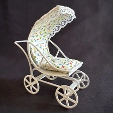 Miniature Baby Buggy Pram White Wire Canopy & Cushion