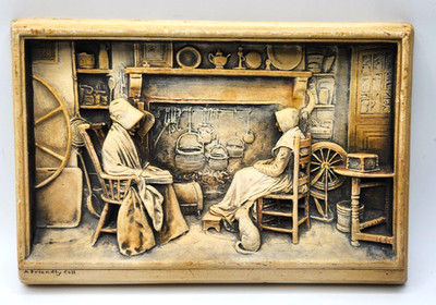 Vintage Molded Country 3D Plaque Farm English Ivorex  A Friendly Call  1929