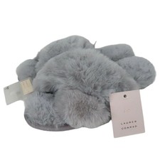 LC Lauren Conrad Womens Large 9-10 Light Grey Gray Fuzzy Furry Slippers NEW