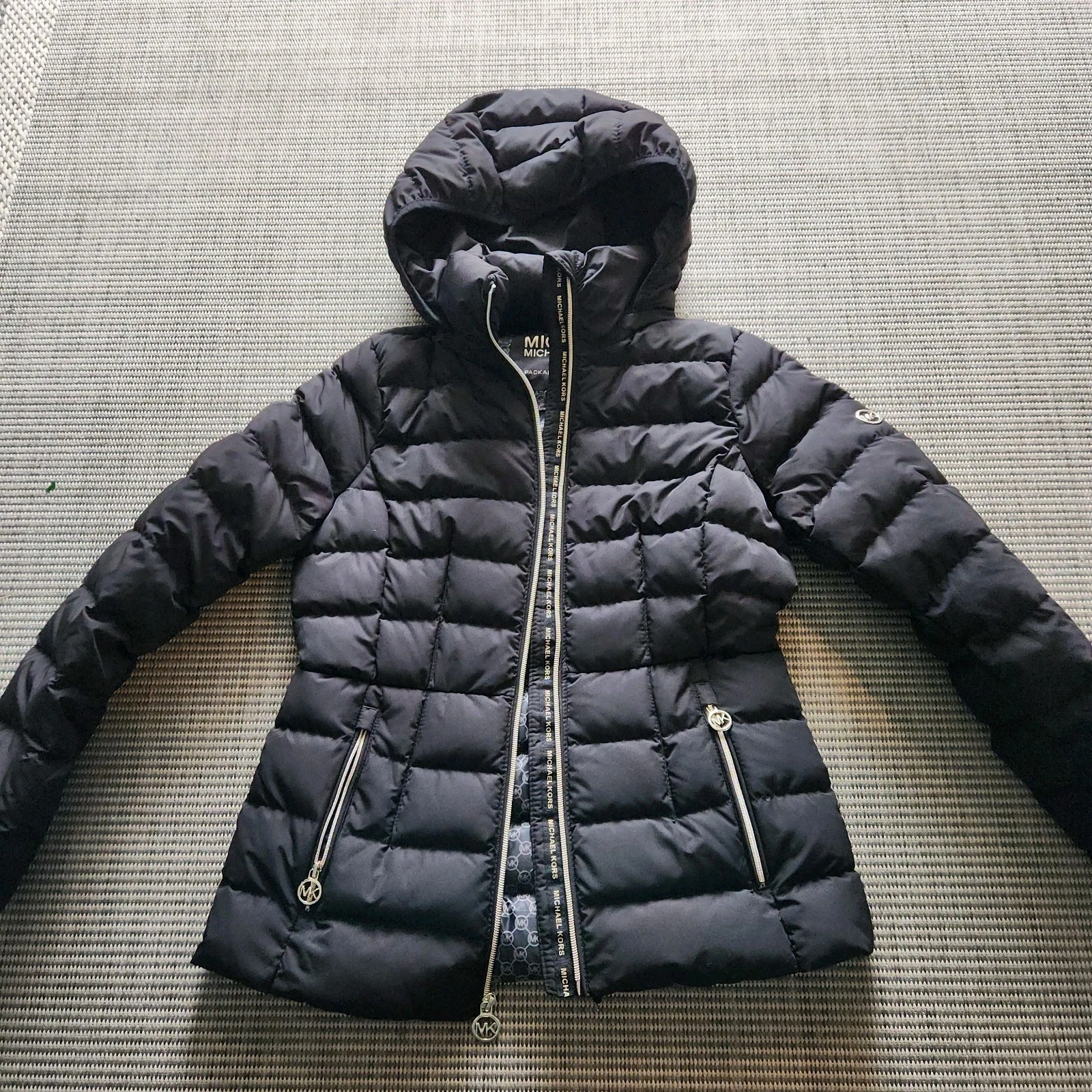 MICHAEL KORS Quilted Hooded Down Puffer Jacket Coat Size PXS Black Gold Color