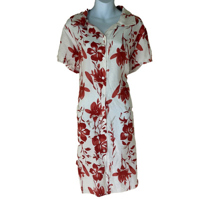 Three Stars Womens White Red Floral Button Down Shirt Dress Pockets Made Italy