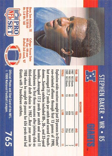Stephen Baker 1990 Pro Set 765 New York Giants Football Card - Bild 2 von 2