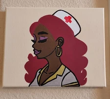 folk art painting OOAK nurse artwork Red White Brown