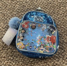 Disney 100 Mini Backpack Blue Sequin W/ Puff Keychain New W/ Tags Color Changing