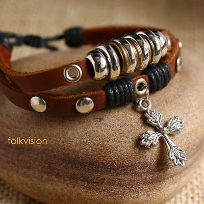 12 PCS Wholesale TRIBAL SURFER HANDMADE LEATHER CROSS PENDANT BRACELET LB020
