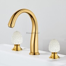 French Light Luxury Brass 3 Hole Basin Faucet Crystal Rose Handle Sink Mixer Tap