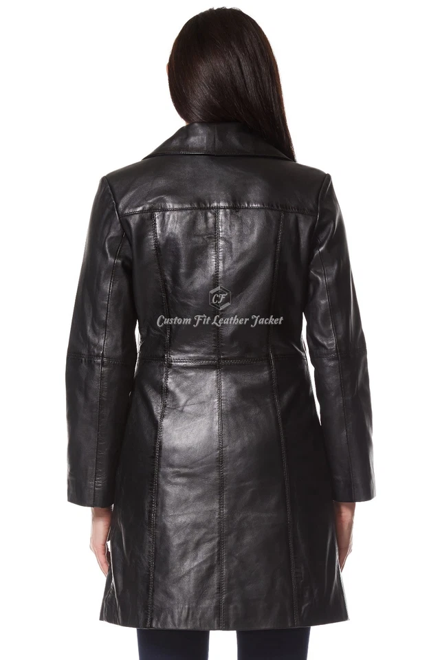 Ladies Leather Trench Coat Jacket Black Classic Knee-Length Designer Coat 3457 - Image 3 of 4