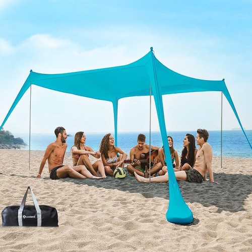 Beach Tent Sun Shelter 10x10ft with 4 Aluminum Poles,Sand Shovel,Ground Pegs