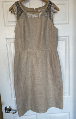 Loft sleeveless beige linen dress. Size 8 Beaded W