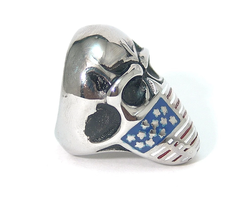 Anillo Calavera Motociclista Audaz Pesado Bandera de Estados Unidos Acero Quirúrgico Selecciona Talla Foto 2 de 4