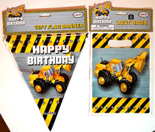 Set of 2 Construction Theme Kids Party Supply Flag Banner  Loot Bags