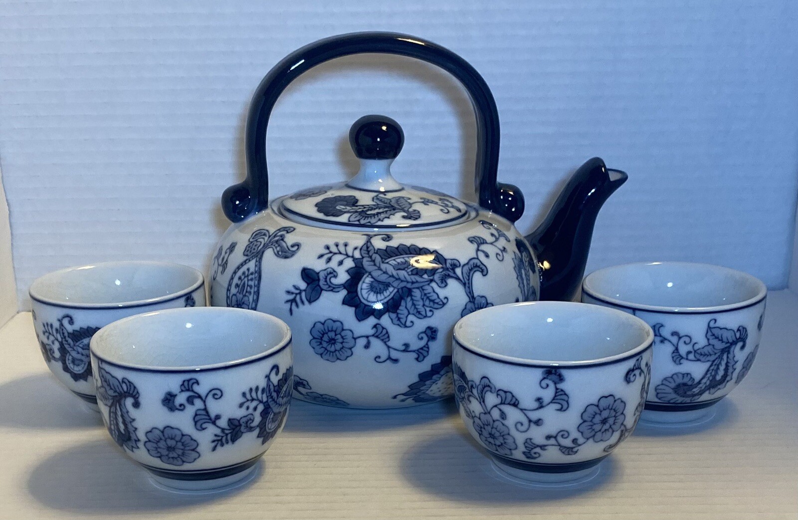 Pier 1 Tea Set Teapot 4 Cups Colbalt Blue /White Paisley Japanese/Asian ...