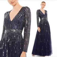 Mac Duggal 18W Sequin V Neck Navy Midnight Longsleeve Ball $598 Dress 4977 New