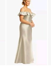 Alfred Sung Off-the-Shoulder Ruffle Neck Satin Trumpet Gown in Champagne 16 NWT