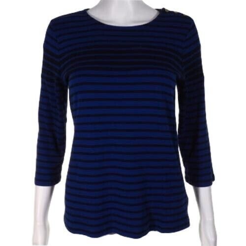 Charter Club Damen L gestreifter blau & schwarzer Pullover Oberteil mit goldenen Knopfakzenten - Bild 4 von 9