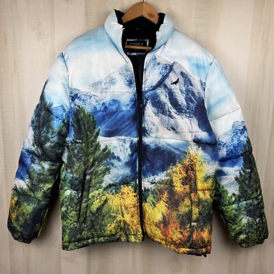 Staple Pigeon Men s Vernon Puffer Jacket Coat Multicolor Mountain Scene Large