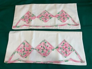 Vintage Pink and Green Hand Crotched Diamond Patterns Never Used Pillowcase Set