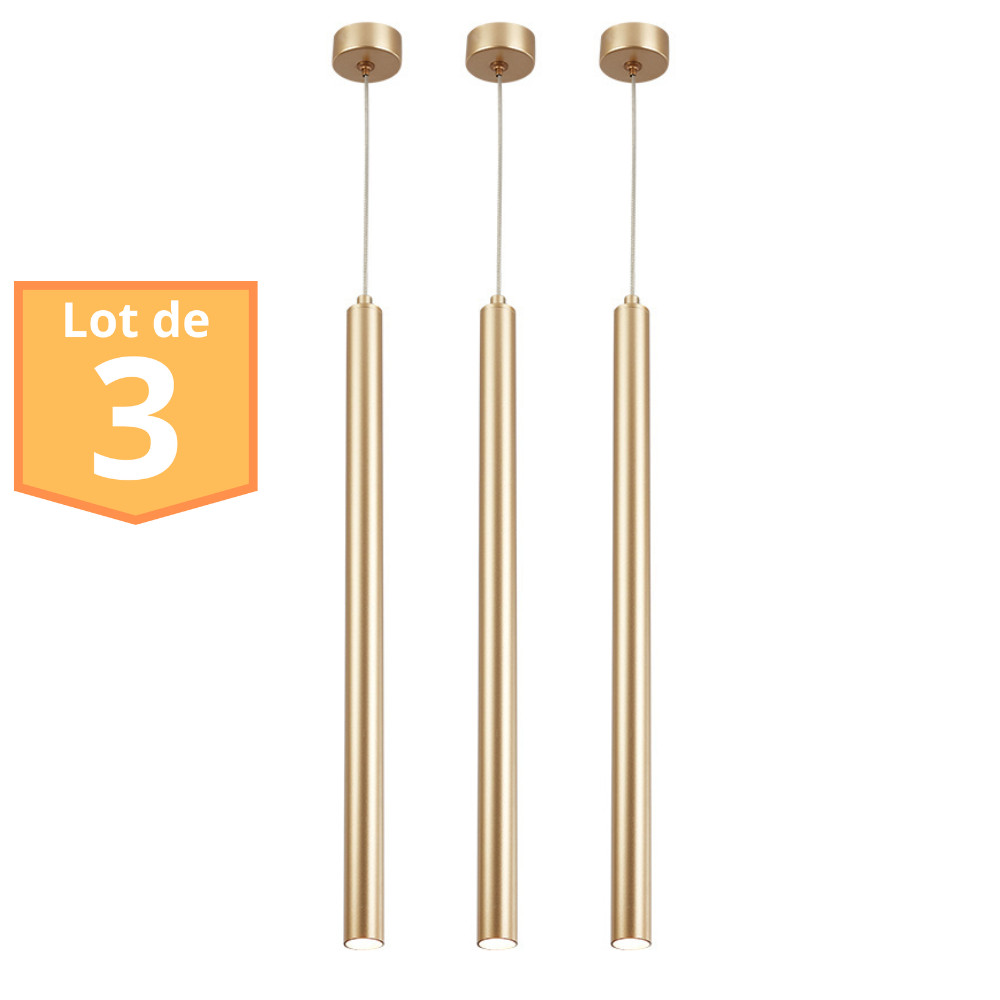 Suspension tube doré G9 10W IP20 lot de 3 lampes suspendues cylindres métal or
