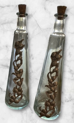 VTG Glass Bottle With Pewter Overlay Olive Oil Cruet Berry Branch (Set Of Two) - Picture 2 of 7
