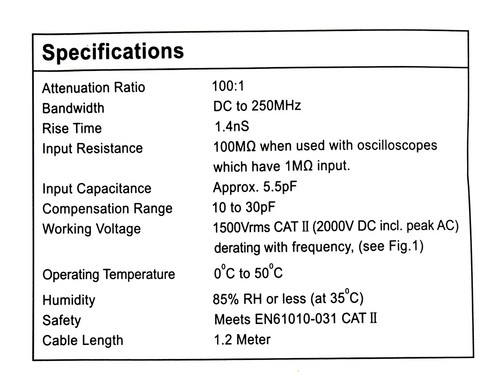 HV Oszilloskop Tastkopf HP-9258 100:1 250MHz 100MΩ 5,5pF 1500Vrms CAT II PINTEK - Bild 3 von 4