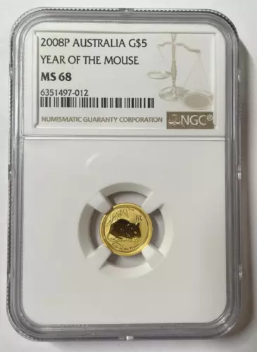 2008 Australia Gold $5 Year of Mouse Coin - Pop 1/1 - NGC MS68 1/20 oz. Lunar