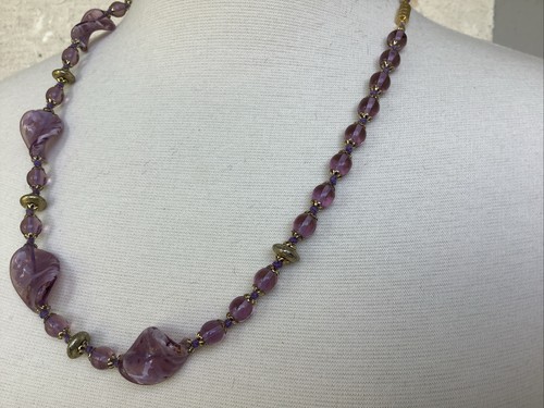 Vintage Venetian Art Glass Beaded Necklace Purple Aventurina Gold Flecks Italy - Picture 7 of 14