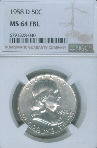 1958 D Franklin Silver Half Dollar NGC MS64 FBL--- Full Bell Lines Coin.