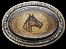 KF03103 VINTAGE 1970s HORSE'S HEAD WESTERN STYLE OVAL BRASSTONE BELT BUCKLE
