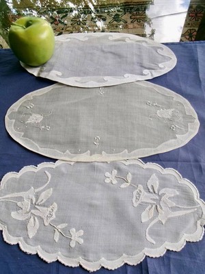 Lot 3 Madeira White Organdy Oval Vanity Doilies Hand Applique Flowers Scrolls