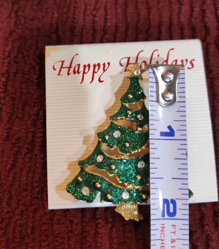 Weihnachtsbaum Anstecknadel Brosche grün Glitzer goldfarben Strass Vintage Urlaub - Bild 7 von 8