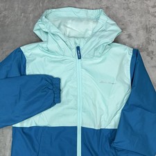 EDDIE BAUER Jacket Kids Medium 10/12 Teal Full Zip Lightweight Hooded Rain Wind
