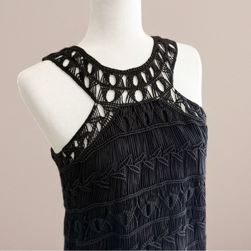 DVF Liza Black Macrame Crochet Sleeveless LBD Cocktail Mini Dress Size Medium - Picture 4 of 17