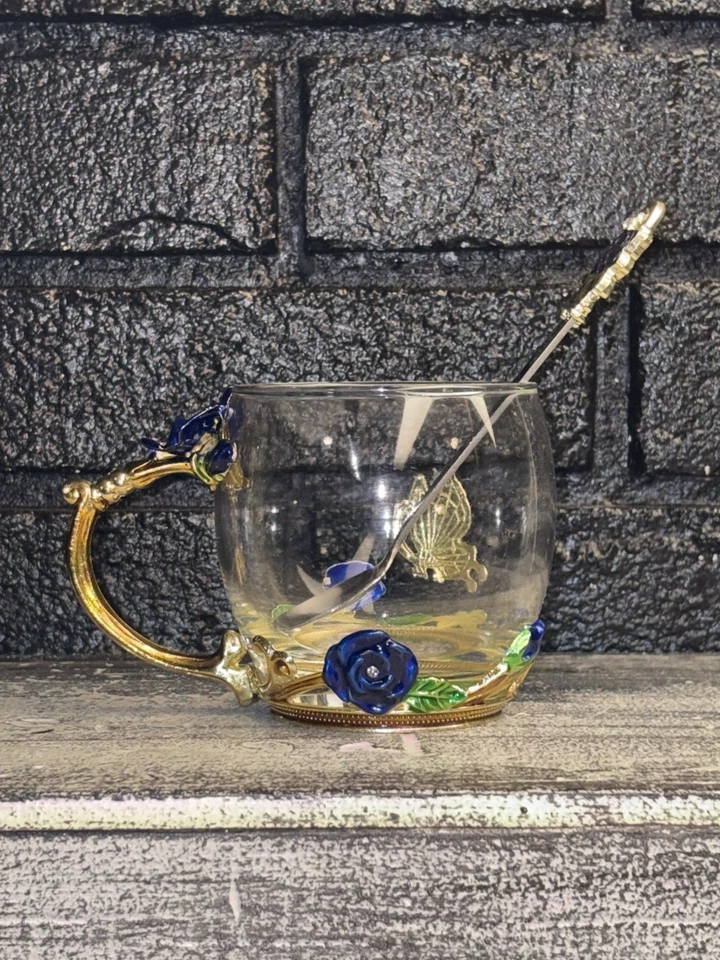 "Taza de té mariposa-flor de vidrio con cuchara esmalte vidrio metal 3,5""T" Foto 2 de 4