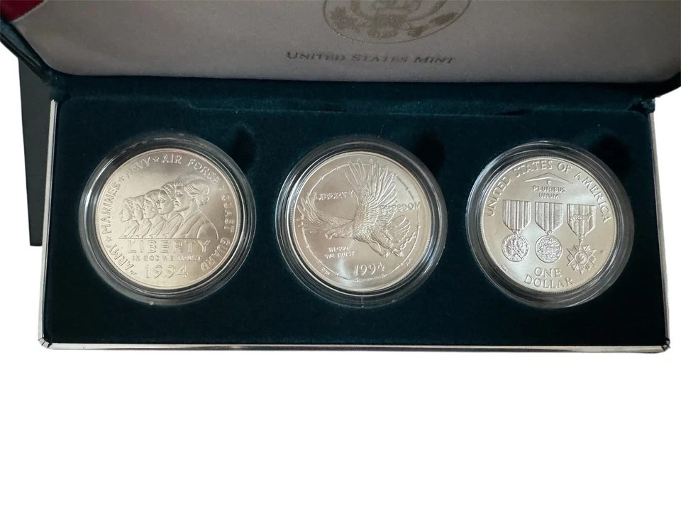 1994 US Veterans 3 Coin Three Silver Dollar Commemorative  Proof Set OGP Box COA - Image 3 of 3