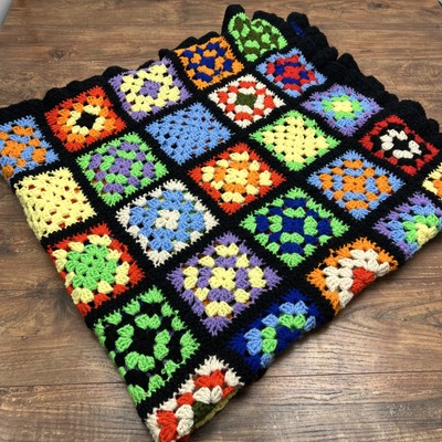 Handmade Chrochet VTG Black  Granny Square Pattern  Afghan Blanket ** 66''X62''
