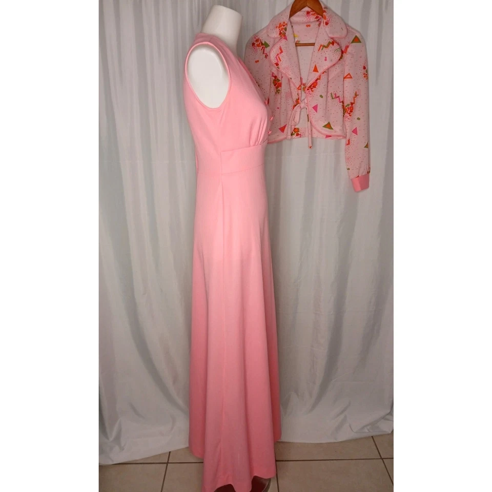 Vintage Maxi Dress and Matching Shrug Jacket Set 1960s Mod Geometric Floral Pink - Image 2 of 4