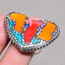 Red  Yellow Coral Tibetan Turquoise Handmade Nepali Jewelry Ring 10.25" SR 3432