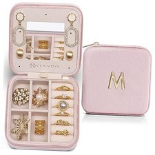 Firstothers day Gifts for Newom Initial Travel Jewelry Case, Small M Pink