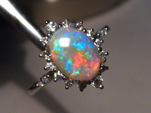 Opal &  Diamond Ring , Solid 14 k white  Gold  , 100 % Natural Australian opal - Picture 13 of 13