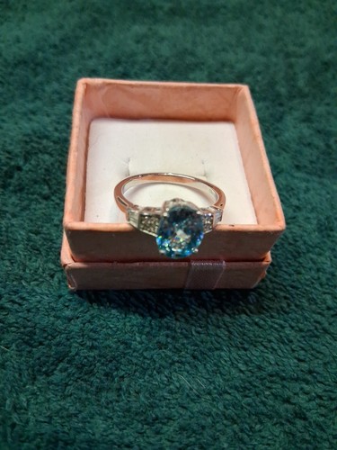 Size 7 Rhodium/Sterling Art Deco Style Ring Cambodian Blue Zircon 9x7 Oval (970) - Picture 14 of 16
